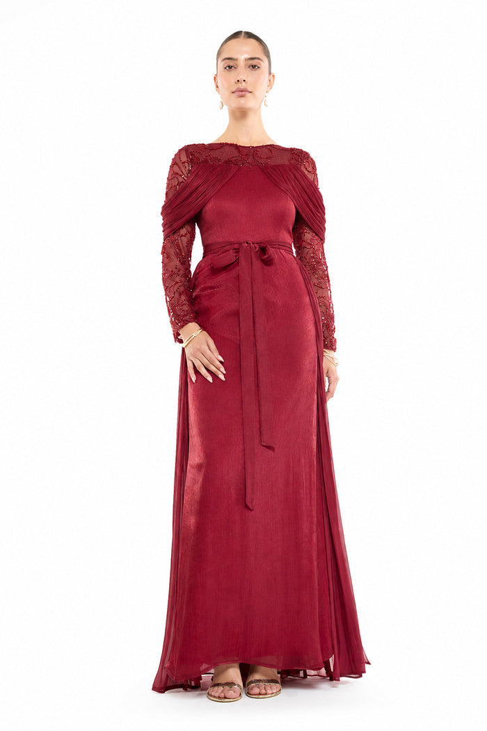 Sheer Lace Yoke Gown with Draped Bodice