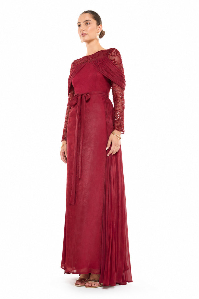 Sheer Lace Yoke Gown with Draped Bodice